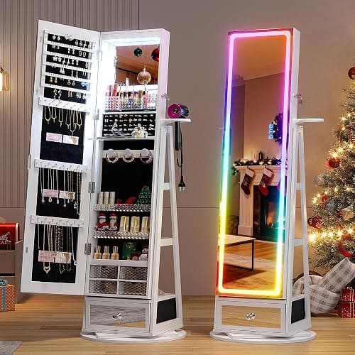 HWB Jewelry Cabinet with LED Mirror, 360° Swivel & Remote Control, White | Remote-controlled RGB LED Lighting, Spacious Storage with Shelves and Drawer - Image 1