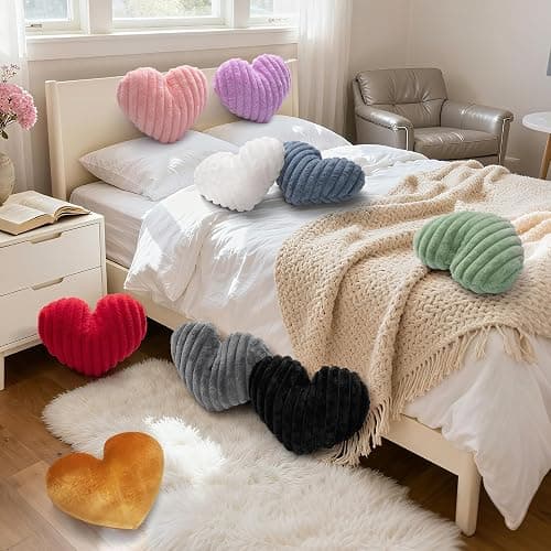 16 Inch Heart Pillow Cute Lavender Decorative Throw Pillows for Bed Couch | Heart Shaped, Fluffy Faux Plush Cushions, for Sofa Chair Bedroom Room Home Decor Aesthetic, Valentines Gift for Women Girls thumbnail 3