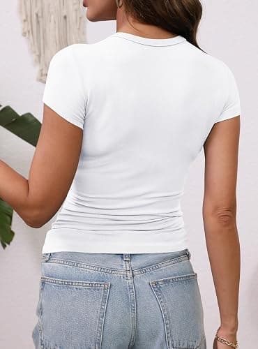 GEMBERA Womens' Stretchy Ribbed High Neck Short Sleeve Gym Workout Slim Fitted Casual Full Length Top T-Shirt thumbnail 2