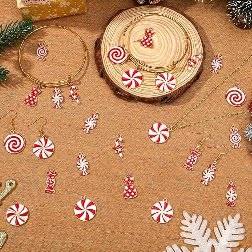 DTOFOOT Christmas Charms, 60Pcs Christmas Candy Charms for Jewelry Making, Holiday Red White Candy Cane Charm Pendants for Bracelet Necklace Earrings Making DIY Crafts thumbnail 4