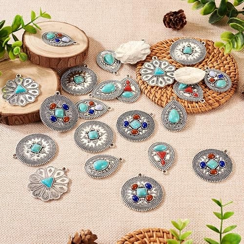 Spritewelry 24Pcs Turquoise Charms Western Charms for Jewelry Making Vintage Antique Silver Pendants Teardrop Flower Flat Round Dangle for Bohemian Necklace Earring Making thumbnail 5