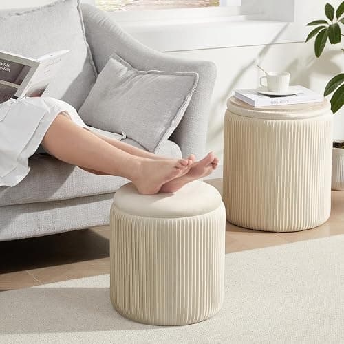 Royal Windsor Round Ottoman with Storage Set of 2, Storage Vanity Stool | Velvet Upholstered Round Storage Ottoman, Ottoman Coffee Table, Small Foot Stool for Living Room & Bedroom, Beige thumbnail 8