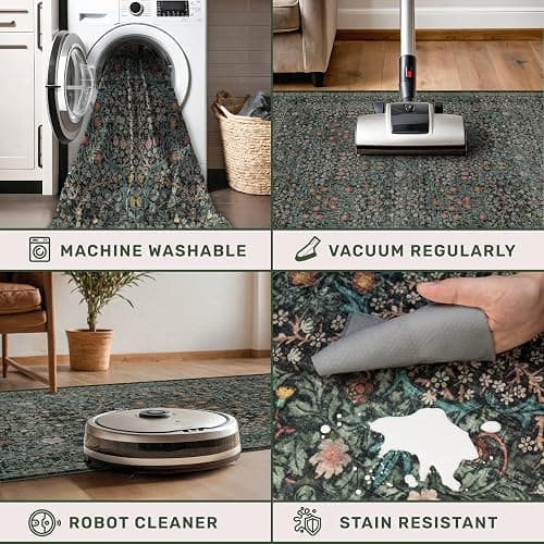 Vintage Dark Green Living Room Rug, 8x10 Washable Area Rugs for Dining Room Under Kitchen Table, Bedroom, Oriental Low Pile Stain Resistant Non-Slip Large Carpet (8x10 Dark Green) thumbnail 5