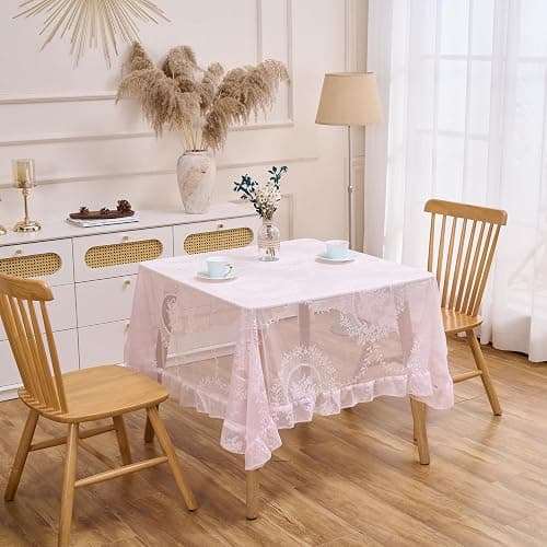 Raedan Pink Floral Embroidered Lace Square Tablecloth 55”x55” Vintage Table Cover (Pink, 55”x55”, Square) thumbnail 3
