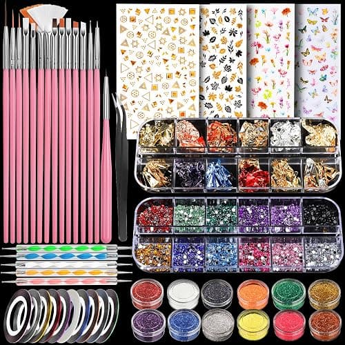 Teenitor Nail Art Kit with Nail Glitter, Nail Art Brushes & Nail Sticker for Gel Nails Art, Nail Gems Nail Accessories Tool for Teenage Girls, Nail Art Pens Nail Dotting Tool for Beginners - Image 1