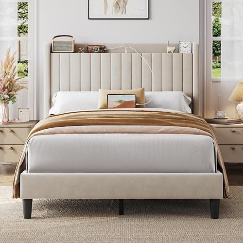 Yaheetech Full Size Bed Frame with USB Charging Station and Storage Shelf/Upholstered Headboard Platform Bed with Wing Side/Wooden Slats Support/Noise Free/No Box Spring Needed/Easy Assembly, Beige - Image 1