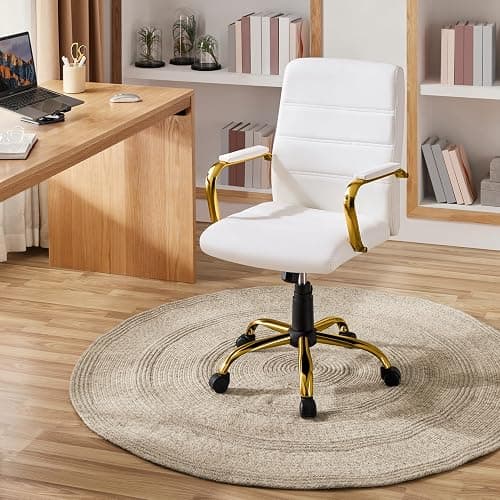 Yaheetech Faux Leather Office Chair Mid-Back Computer Desk Chair w/Lumbar Support Swivel Chair w/Gold Leg White Seat for Home thumbnail 2
