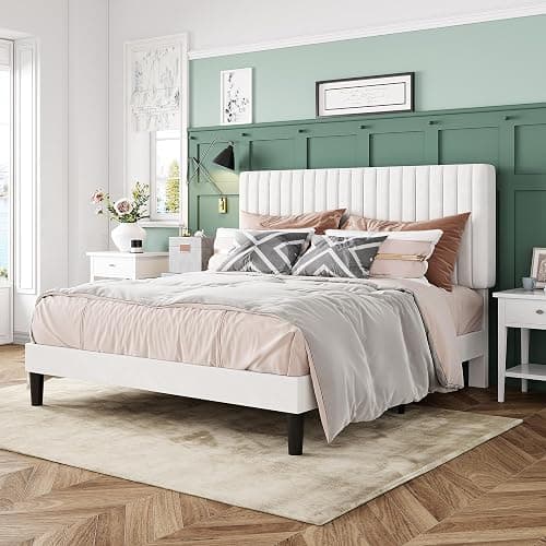 Allewie Queen Bed Frame, Velvet Upholstered Platform Bed with Adjustable Vertical Channel Tufted Headboard, Mattress Foundation with Strong Wooden Slats, Box Spring Optional, Easy Assembly, White thumbnail 3