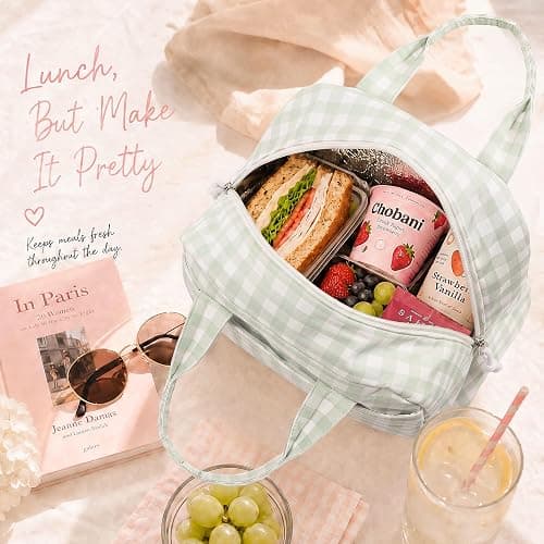 LOVELYWIND Lunch Box for Women, Insulated Lunch Bag, Green Gingham Lunch Tote thumbnail 2