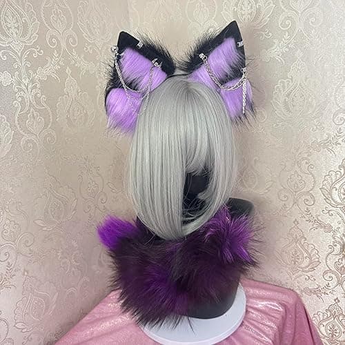 Cat Fox Wolf Ears and Tail Set - Plush Cosplay Clips Headband and Tail for Halloween, Costume Accessories,Gothic Punk 02ALL thumbnail 4