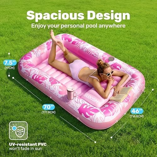 SLOOSH Inflatable Tanning Pool Lounger Float, 70" x 46" Pool Floats Adult with Pillow, 4 in 1 Suntan Tub Raft Floatie,Sunbathing Bed Lounge for Water Blow Up Kids Ball Pit Party Gifts, L-Hot Pink thumbnail 2