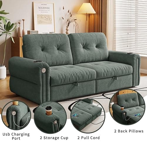ZHCREAL 77" Queen Size Sofa Bed, Loveseat Sleeper Sofa with Pull Out Bed and USB, 2 Seater Convertible Small Couch for Living Room Bedroom Apartment (Green, Chenille) thumbnail 6