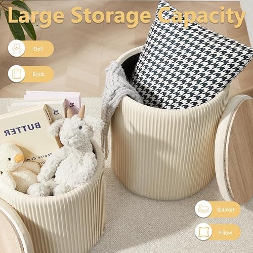 Royal Windsor Round Ottoman with Storage Set of 2, Storage Vanity Stool | Velvet Upholstered Round Storage Ottoman, Ottoman Coffee Table, Small Foot Stool for Living Room & Bedroom, Beige thumbnail 4