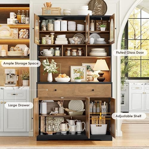 FINETONES 71" Pantry Cabinet, Tall Kitchen Pantry Storage Cabinet with Microwave Stand, Modern Kitchen Hutch Food Pantry with Open Countertop and Adjustable Shelf for Dining Room thumbnail 6