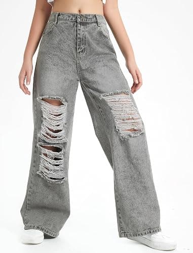 EXARUS Girls Jeans Wide Leg Pants Baggy Denim Ripped High Waisted with Pockets Teen Casual 6-14Y thumbnail 4