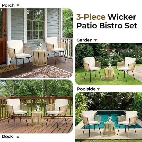 Yaheetech 3 Piece Patio Rattan Bistro Set, Outdoor All Weather PE Wicker Conversation Furniture Set with 2 Chairs & Tempered Glass Top Table & Cushions, for Poolside/Porch/Garden/Yard, Tan/Cream thumbnail 5