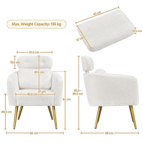 Yaheetech Tub Chair, Cozy Living Room Chair with Adjustable Headrest, Boucle Armchair with Lumbar Pillow and Golden Legs, Modern Accent Chair for Bedroom Lounge Waiting Room Office, White - White - 1 thumbnail 3