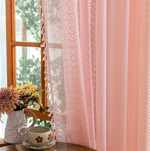 Sutuo Home Light Pink Boho Curtains 84 inches Long for Girls Bedroom Living Room,Lace Sheer Window Curtains Crochet Macrame Bohemian Valentine Farmhouse Vintage Tassels Rod Pocket,2 Panels 50" W thumbnail 7