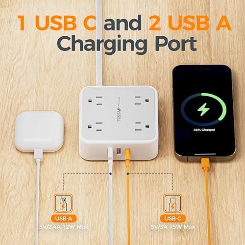 TESSAN Surge Protector Power Strip, 5 Ft Flat Plug Extension Cord with 3 USB (1 USB C) 8 Outlets, 1250W, 900J Protection, 3 Sided Outlet Extender with Power Switch for Office, Dorm Room Essentials thumbnail 4