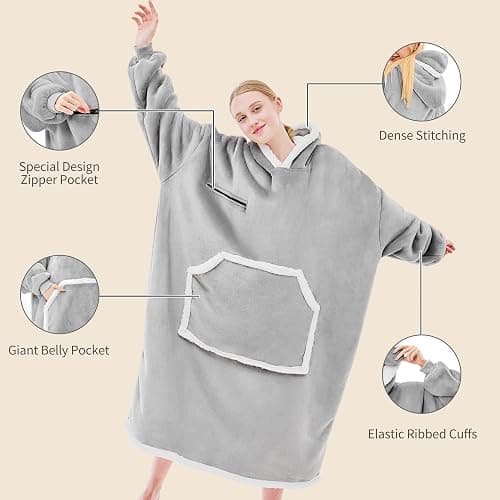 IFNOW Wearable Blanket Hoodie,Oversized Sherpa Hooded Blanket Sweatshirt with Eye Mask and Pocket,Cozy Flannel Blanket with Sleeves for Adult,Birthday Christmas Gifts for Women Mom Girlfriend,Grey thumbnail 5