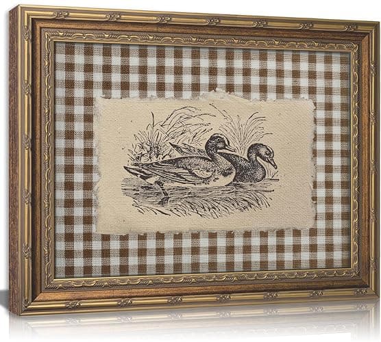 Vintage Gold Framed Wall Art, Brown Gingham Sketch Ducks Canvas Prints, Retro Rustic Farmhouse Animal Picture Wall Decor, Country Cottagecore Goose Poster Artwork for Living Room Bedroom - Image 1