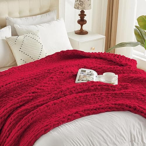 Carriediosa Chunky Knit Throw Blanket 50" X 60", 100% Hand Made Large Chenille Loop Yarn Soft Fluffy Throws for Couch Sofa Bed, Big Crochet Cozy Heavy Thick Cable Woven Blankets, Red thumbnail 9