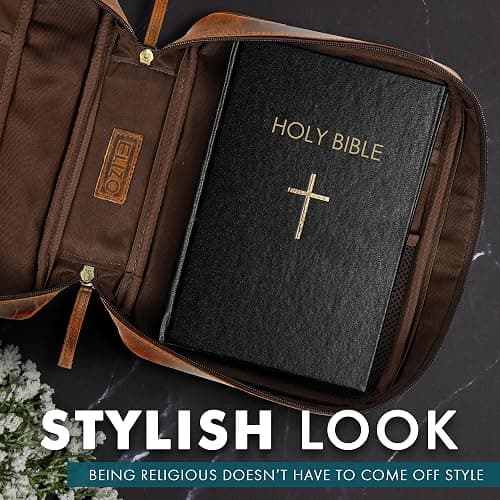 ELIZO Leather Bible Cover for Men Bible Case Women Holder Carrying Organizer Wrap Sleeve Protector Christian Religious Gift Cross Bookmark – Large Antique Brown thumbnail 8