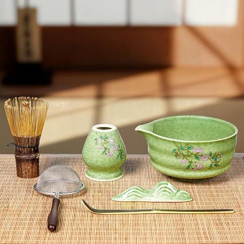 GleeNflux 7-Piece Matcha Set, Ceramic Matcha Bowl, Bamboo Whisk (Chasen), Whisk Holder, Sifter, Tea Scoop & Scoop Rest, Special Bamboo Tea Mat, Harmonious Color Matcha Making Kit, Green - Image 1