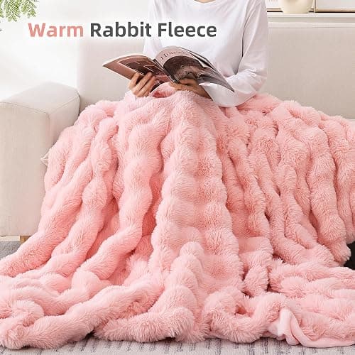 Smoofy Faux Fur Blanket Rabbit Fleece - Blush Pink Fluffy Blanket for Sofa, Cozy Soft Plush Throw Blanket for Couch Bed, Luxury Thick Fuzzy Couch Blanket for Winter, Comfy Bubble Blanket - 50" x 60" - Pink - Throw(50" x 60") thumbnail 5