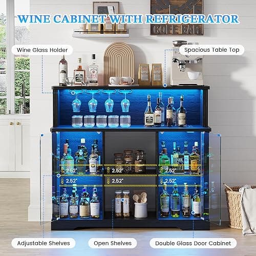 TAGELIER 47'' Wine Bar Cabinet with Mini Fridge Space & RGB Lights | Charging Station, Coffee Bar Station, Adjustable Shelves, Wine Racks, Liquor Cabinets, for Home Bar Dining Room Living Room thumbnail 5