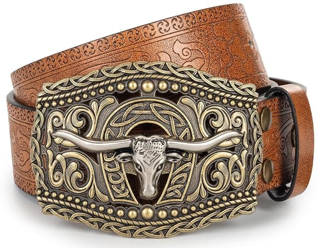 HinyBoeh Western-PU-Leather-Belts for Men and Women Cowboy-Cowgirl Longhorn-Bull-Pattern-Engraved-Buckle-Belt for Unisex thumbnail 5