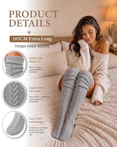 Pcavin Women's Thigh High Socks, Extra Long Over the Knee Boot Leg Warmers | Cable Knit Texture, Warm Thick Knit, Over Knee Length, Winter Boot Socks, Soft Leg Warmers, Sweater Stockings thumbnail 4