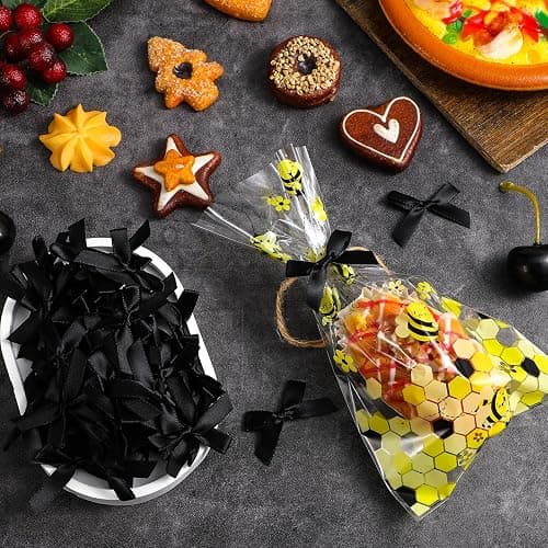 AOZUO 100 Pieces Tiny Bows, Mini Black Bows DIY Satin Fabric Bow Gift Wrapping Small Ribbon Bow Premade for Treat Bags Cake Pops Candy Wedding Favors Bridal Shower Christmas Decor(Black) thumbnail 4