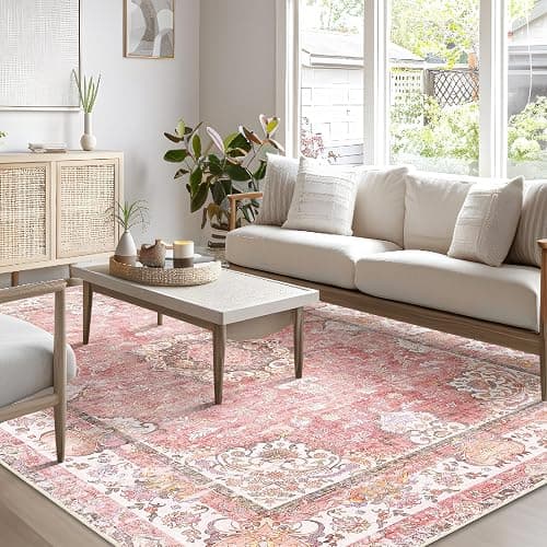 Castage 8'x10' Area Rugs Washable,Pink Rug for Living Room Bedroom Dining Room,Large Boho Vintage Bohemian Distressed Oriental Carpet Non Slip,Blush Floral Flowers thumbnail 2