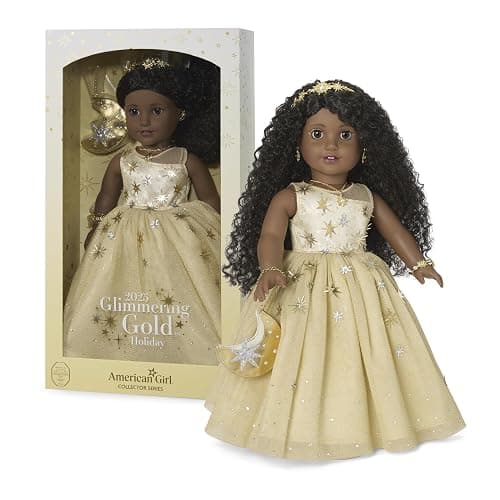 American Girl 2025 Glimmering Gold Holiday Collector Doll, with Brown Eyes, Long Curly Black Hair, Ages 8+ - Image 1