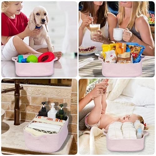 Woven Cotton Rope Storage Basket with Handles for Organizing Shelves Closet Small Cat Dog Pet Toy Baskets Box Bin Decorative Rectangle Baby Nursery basket Gift Basket Empty Light pink thumbnail 6