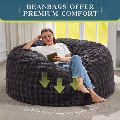 Hobestluk Bean Bag Chairs 5ft Beanbag Chair with Filler Adult Bean Bags with Fluffy & Machine Washable Cover, Giant Bean Bag Chairs for Adults (Dark Grey, 5FT-50" x 50" x 24") thumbnail 6