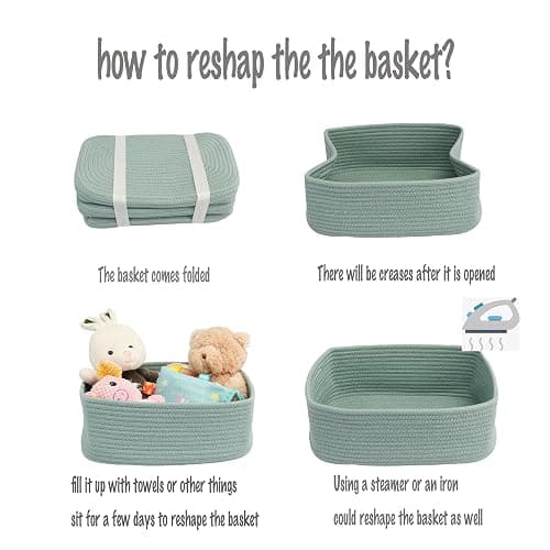 XUANGUO Small Woven Storage Baskets for Shelves, 12" x 8" x 5", Green | Decorative rope storage bins for closets and toy storage; cute organizer baskets, empty gift baskets and nursery storage. thumbnail 7