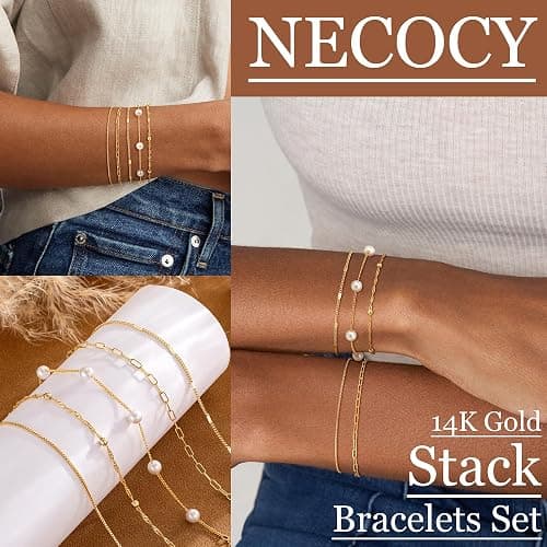 NECOCY 14K Gold Plated Bracelets for Women, Stackable Bracelet Stack Set Adjustable Charm Paperclip Chain Cuban Link Layered Waterproof Jewelry Sets Christmas Gifts for Love thumbnail 3