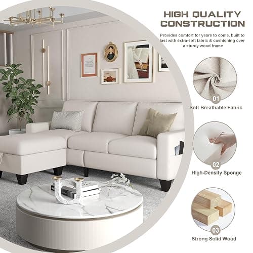 ZeeFu Convertible Sectional Sofa Couch,Beige Linen Fabric Modern 3-Seat L-Shaped Upholstered Furniture with Storage Reversible Ottoman & USB & Type-C and Pockets for Living Room Small Space Apartment - White thumbnail 5