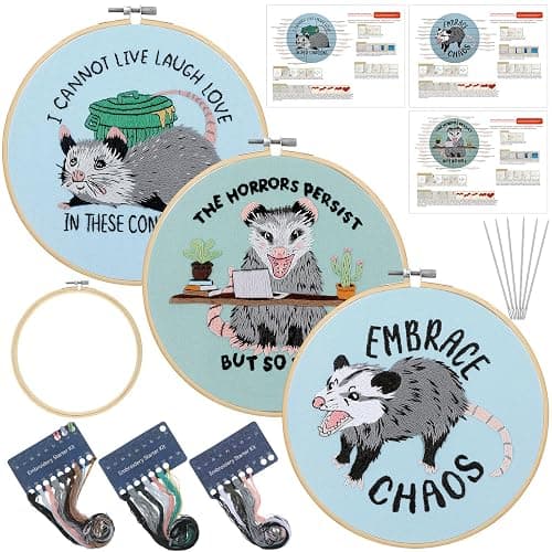 Mindsoft 3 Set Possum Embroidery Kit with Embroidery Hoop Opossum Needlepoint Kit for Beginners and Adults Hand Crafts Needlepoint Set with Needles Thread and Instruction for Opossum Lover Gifts - Image 1