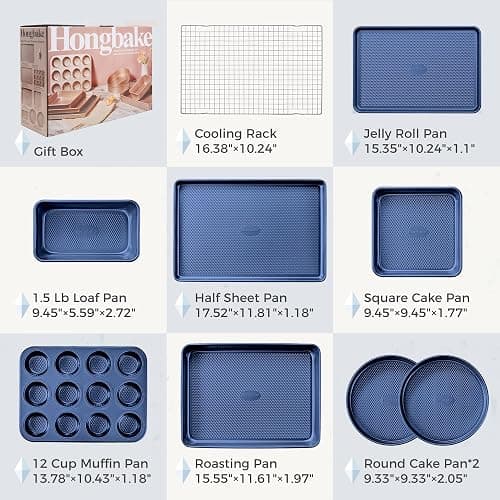HONGBAKE 9-Piece Baking Pans Set Nonstick, Stackable Non Toxic Bakeware Sets with Diamond Texture, Oven Pan Set for Cooking, Includes Cookie Sheet with Rack, Cake Pan, Roasting Pan, Muffin Tin, Blue - Sapphire Blue - luxury nine-piece set thumbnail 5