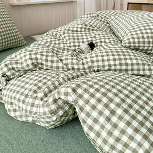 LifeTB Green Gingham Comforter Set Full Size Boho Plaid Checkered Pattern Comforter Geometric Grid Plaid Printed Bedding Comforter Set with 2 Pillowcases Fluffy Soft Gingham Bedding Set Full Size thumbnail 4