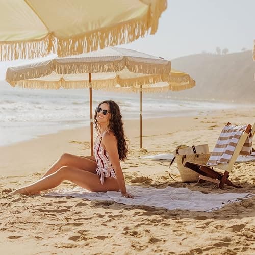 BEACH STATE Summerland 6.5 Feet Beach Umbrella with Fringe - Patio Umbrella - Outdoor Umbrella - UV50+ Sun Protection - Laguna Print in Driftwood thumbnail 2