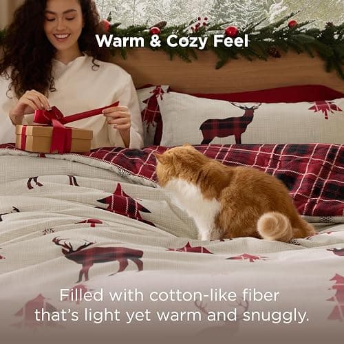 Bedsure Christmas Comforter Set Queen - Christmas Bed Set with Reindeer, Soft Bedding for Holiday, 3 Pieces, 1 Reversible Buffalo Check Printed Comforter and 2 Pillow Shams thumbnail 5