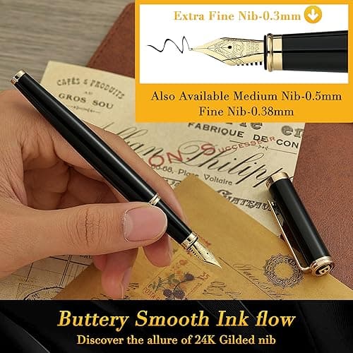 BEILUNER Black Fountain Pen,Stunning Luxury Pens with 24K Gold Accents, Gorgeous 24K Gilded Nib(Extra Fine), Fancy Pen Gift for Men&Women -Ink Converter-Elegant, Reliable,Christmas Presents, Nice Pen thumbnail 5