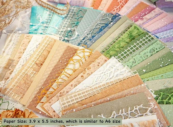 96 Sheets Textured Scrapbook Paper and Mesh Fabric Assorted Set - 6 Pack Mixed Special Paper for Scrapbooking Planner Bullet Junk Journal Supplies Mixed Media Collage Card Embellishments 3.9x5.5 Inch thumbnail 4