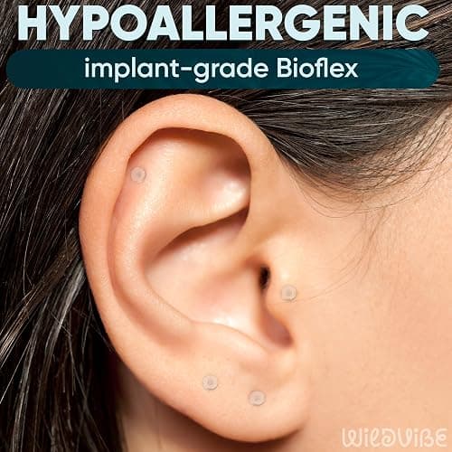 WildVibe 16g Clear Earrings for Sports, Work, Surgery - Bioflex Labret Clear Piercing Retainers 10pc Set - Plastic Clear Piercings Stud Earrings for Cartilage Helix Tragus Lip Medusa Monroe (6mm, 8mm, 10mm, 12mm) thumbnail 2