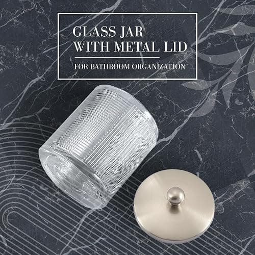 Indecor Home Glass Jar with Metal Lid for Bathroom Organization, Clear Apothecary Jar for Cotton Balls, Q-Tips, and Small Accessories, Stylish Bathroom Storage Container - Nickel/Clear - Nickel/Clear thumbnail 6