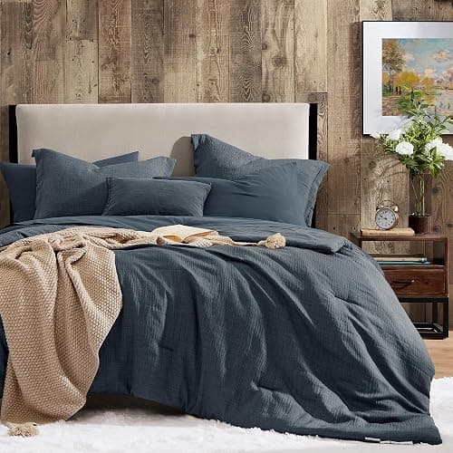 Geniospin Twin Comforter Set - 5 Pieces Comforter Twin Size, Solid Bedding Sets for All Season, Textured Bed in a Bag with Flat Sheet and Fitted Sheet, Pillowcases and Shams (Navy Blue, 66''x86'') - Image 1